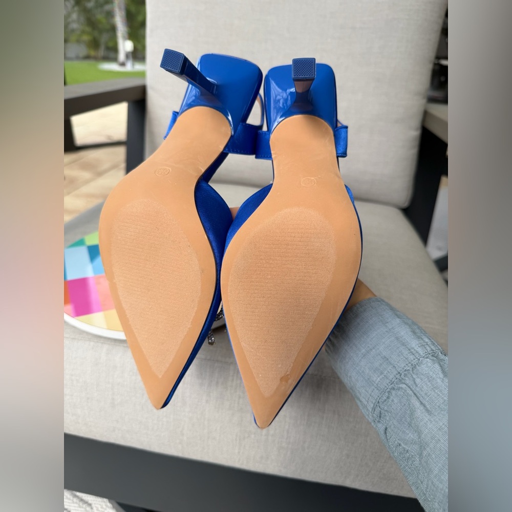 Blue Satin Women's Slingback heels with Rhinestone Bows size 8,5 - Picture 7 of 12